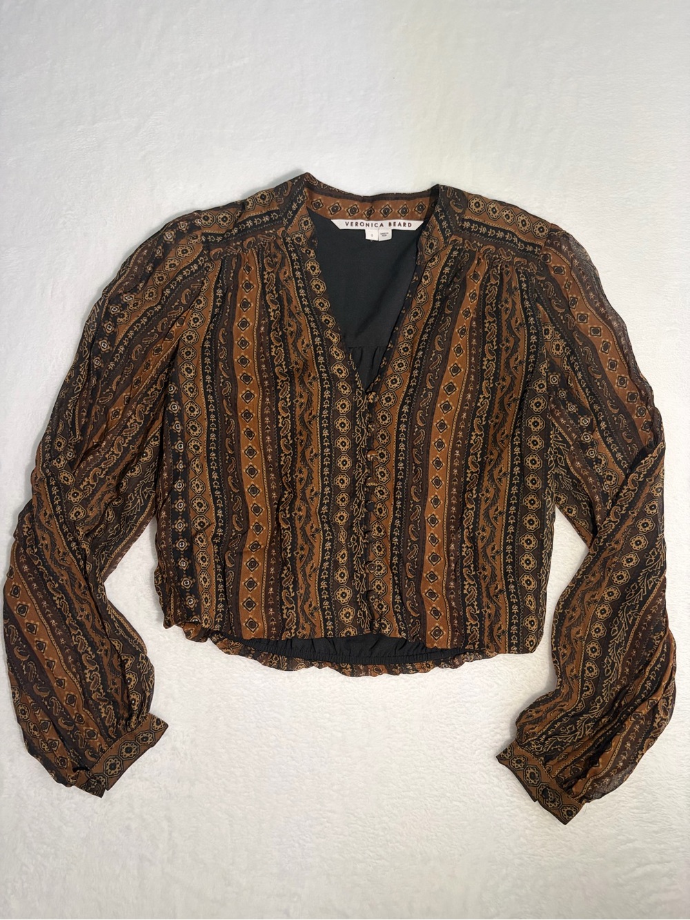 Veronica Beard Brown and Black Patterned Long-Sleeve Blouse- cropped